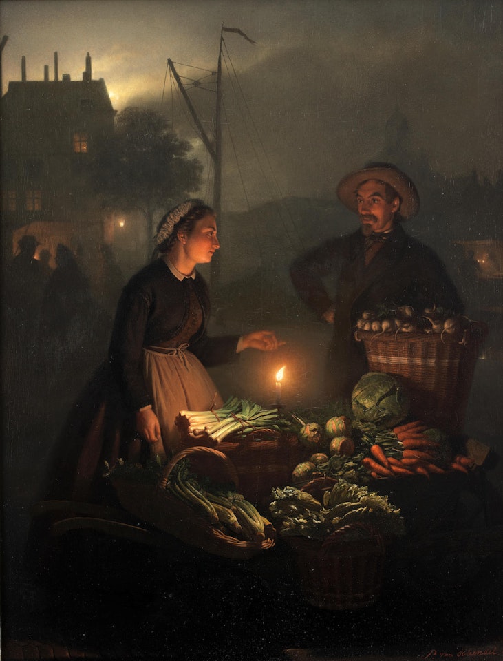 The vegetable stall by candlelight by Petrus van Schendel