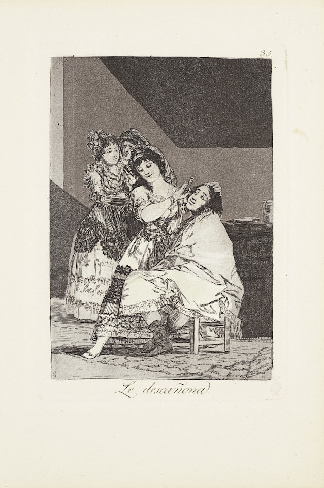 She fleeces him (Le descañona)  Plate 35 from: Los Caprichos by Francisco José de Goya
