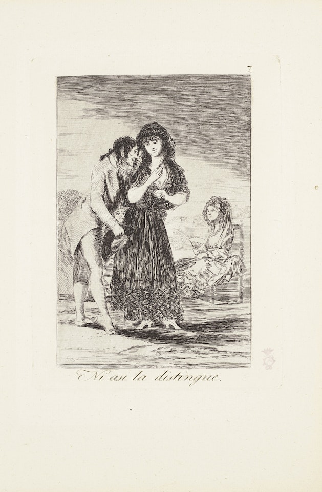 Even thus he cannot make her out (Ni asi la distinguee)  Plate 7 from: Los Caprichos by Francisco José de Goya
