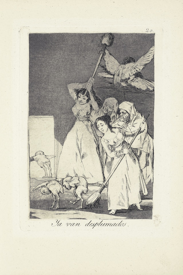 There they go plucked (Ya van desplumados)  Plate 20 from: Los Caprichos by Francisco José de Goya