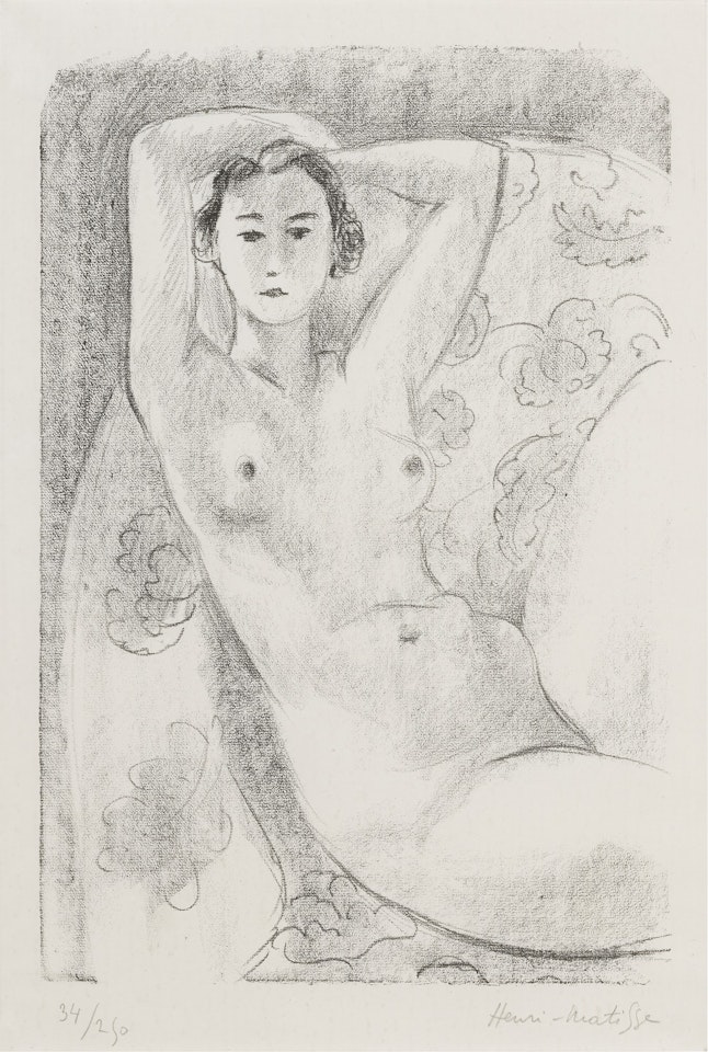 NU ASSIS DANS UN FAUTEUIL AU DÉCOR FLEURI (DUTHUIT 445) by Henri Matisse