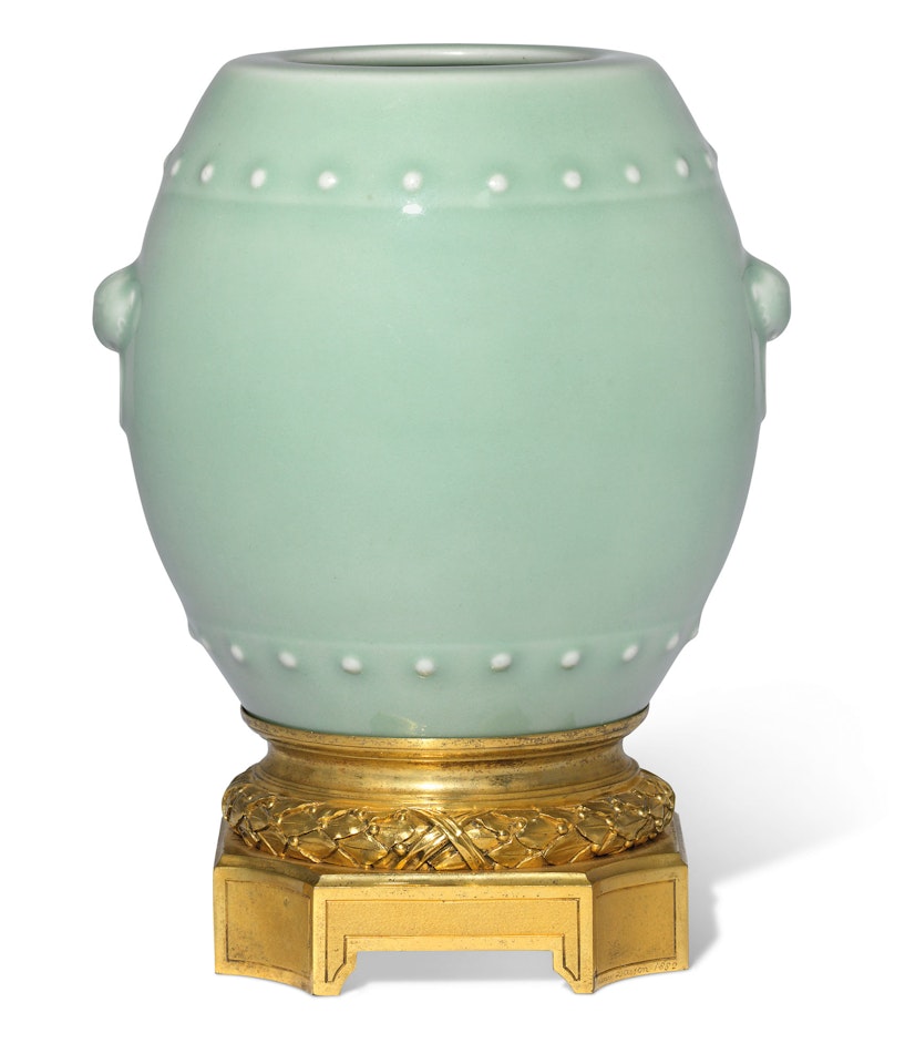 A CELADON-GLAZED BARREL-FORM JAR WITH DATED ORMOLU STAND by Anonymous