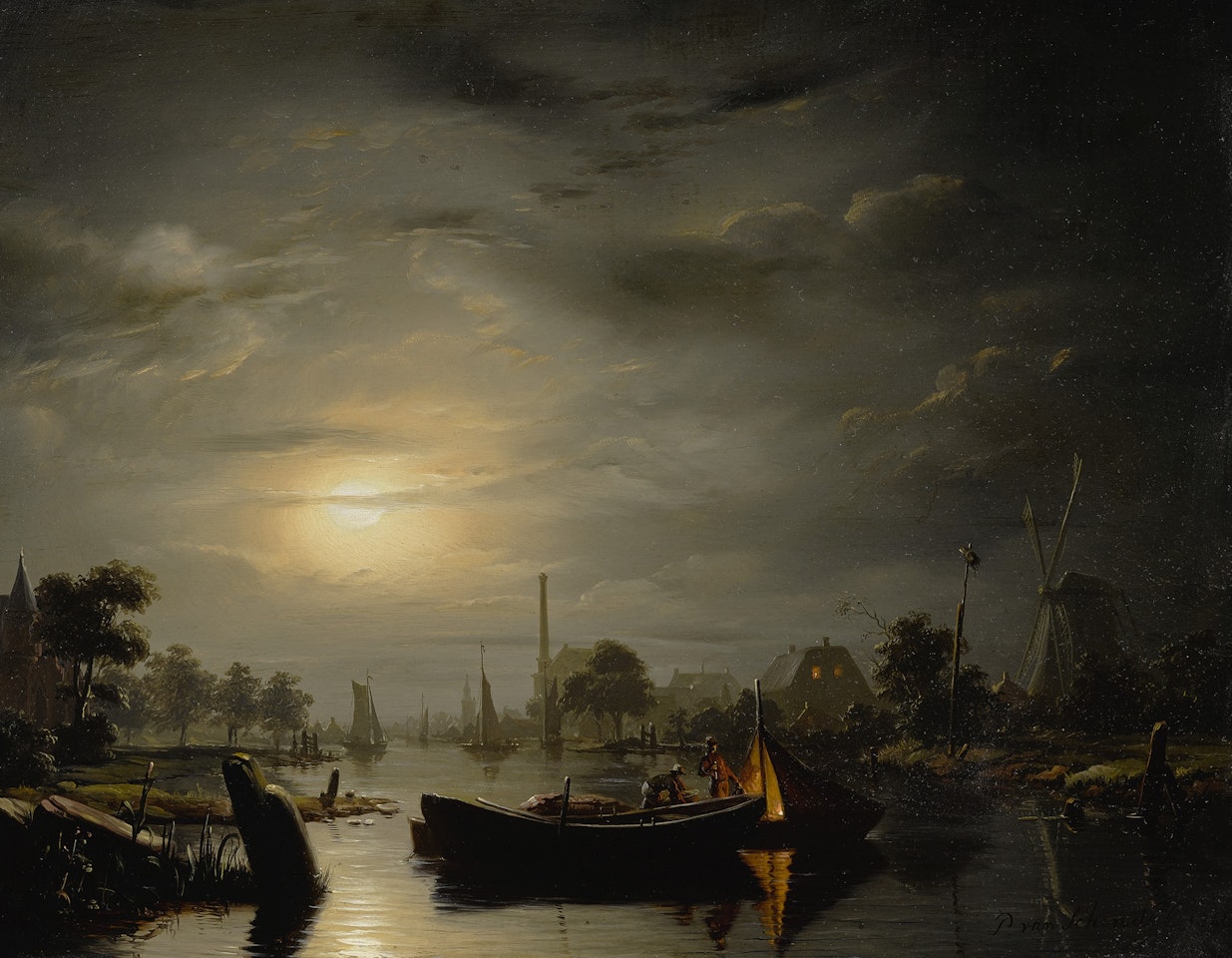 A RIVER LANDSCAPE IN SILVER MOONLIGHT by Petrus van Schendel