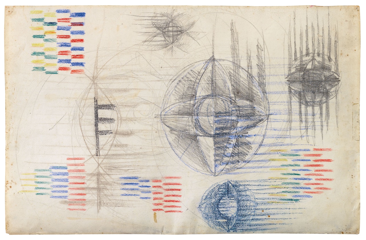 Studi di compenetrazioni iridescenti e costume plastico per il balletto Primavera by Giacomo Balla