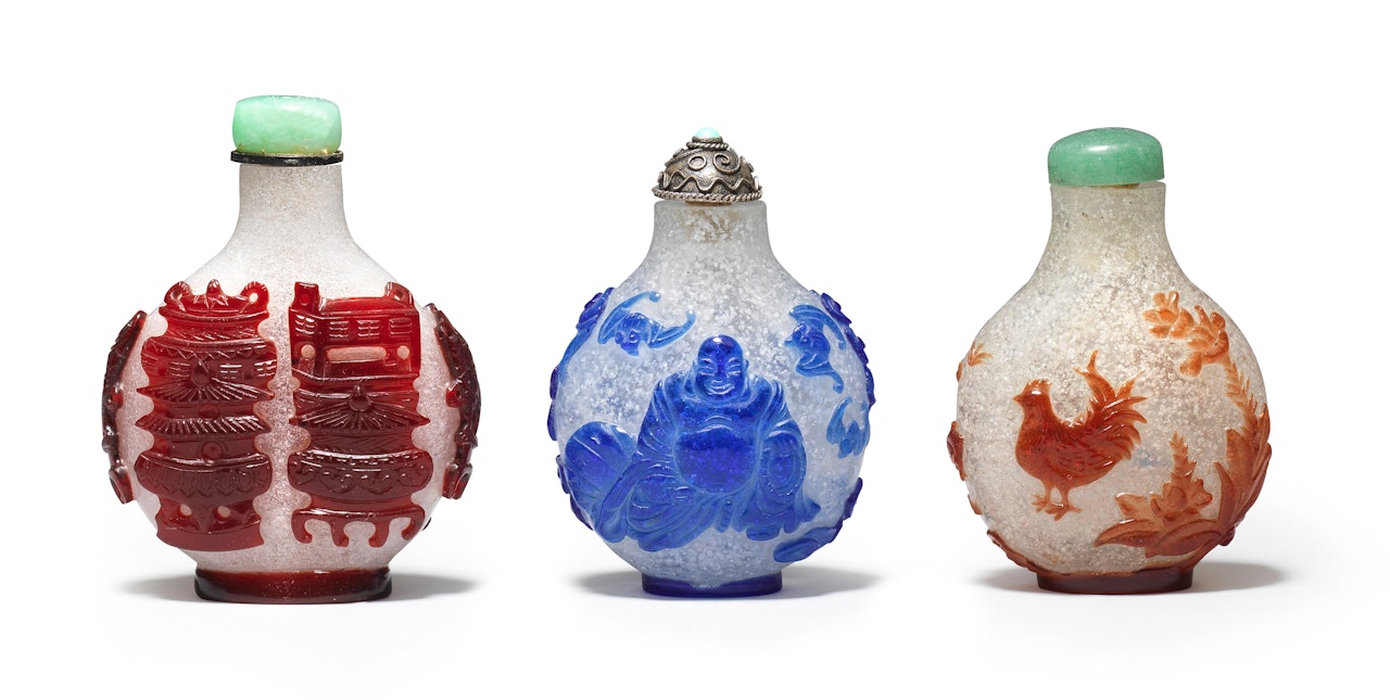 Three overlay glass snuff bottles by Anonymous