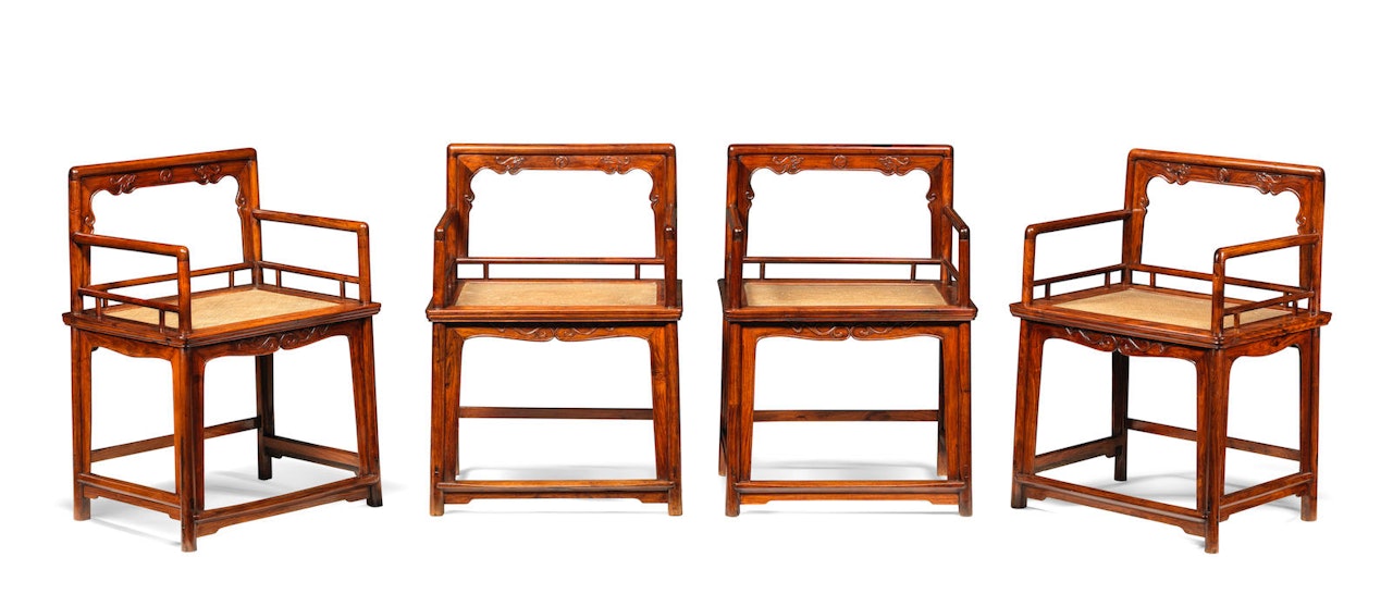 A rare set of four huanghuali armchairs, meiguiyi by Anonymous