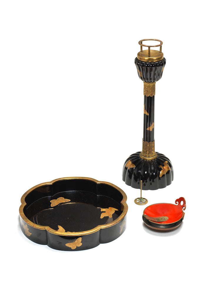 A Black-lacquer matching candlestick and tray with an oil dish by Anonymous