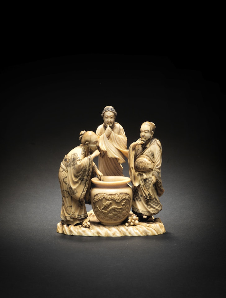 An ivory okimono group of the three sake testers by Anonymous