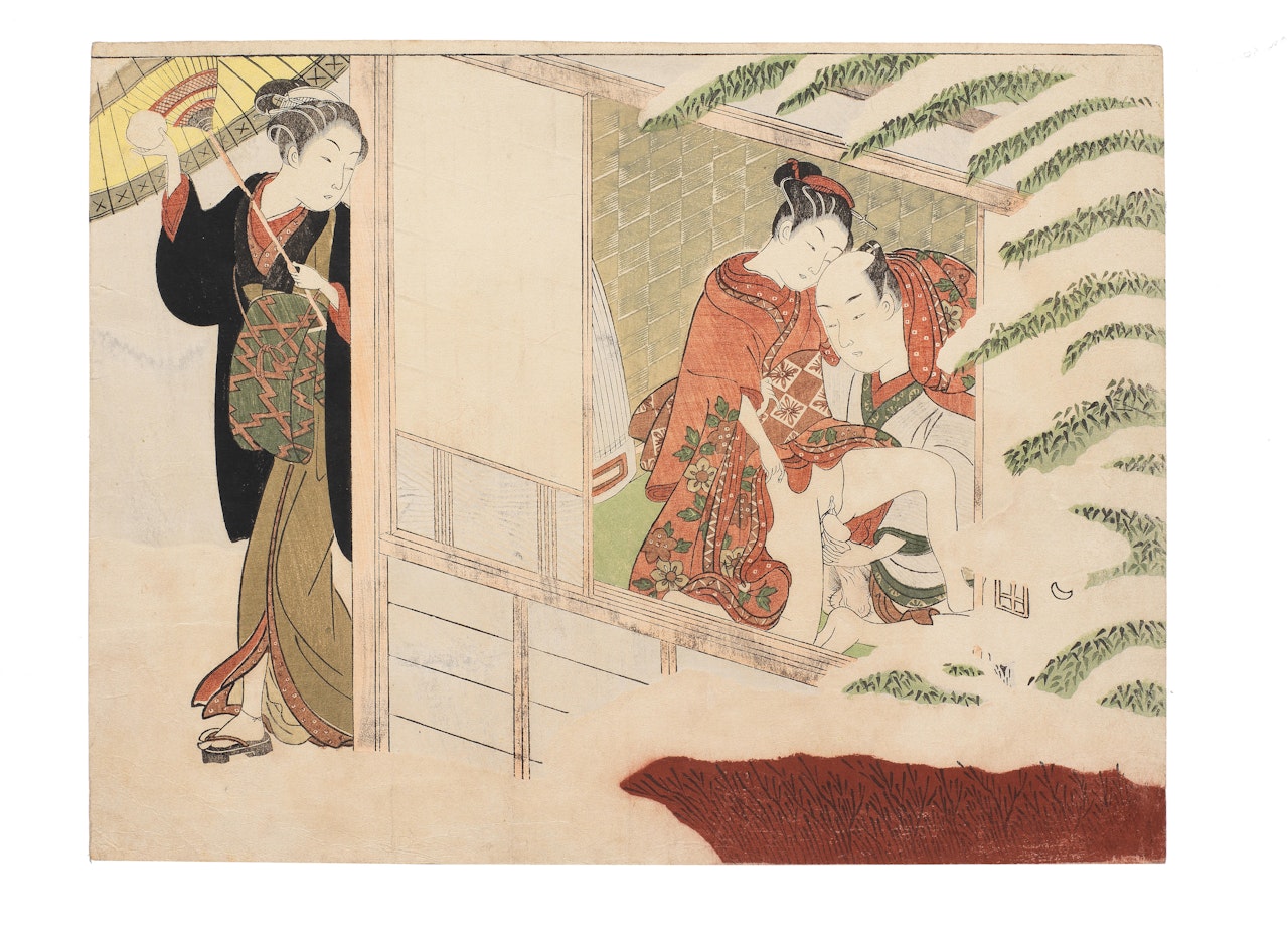 A chuban yoko-e shunga print  by Suzuki Harunobu