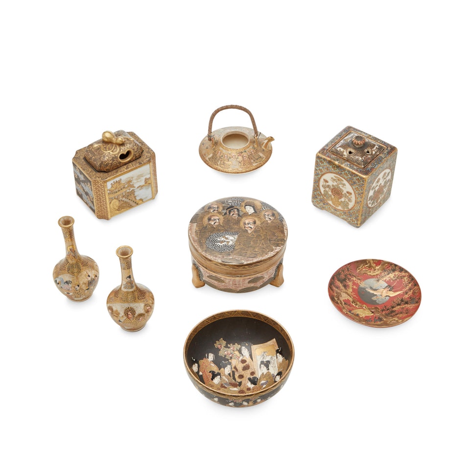 A group of Six Satsuma vessels, a Kutani porcelain incense burner, and a lacquer cup by Anonymous