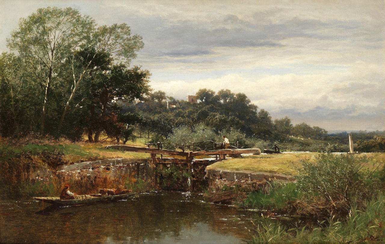 The lock gate, possibly Strensham church on the Avon by Benjamin Williams Leader