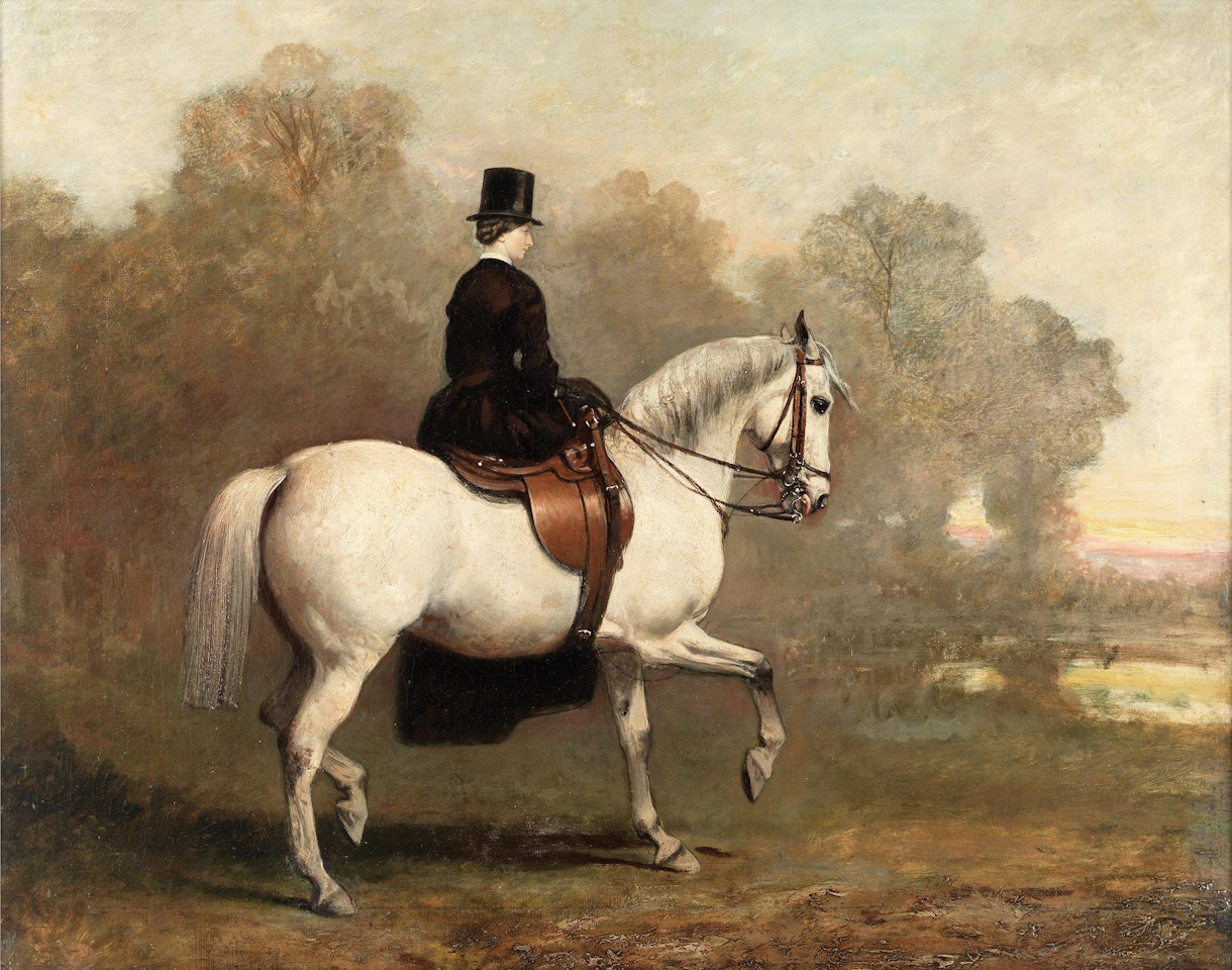 Portrait of a lady riding a white horse by English School