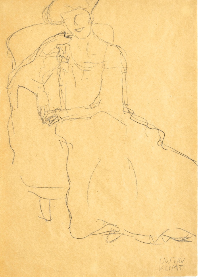 Im Lehnstuhl sitzernd von vorne, beide Unteratme aufgestutzt (Adele Bloch-Bauer) by Gustav Klimt