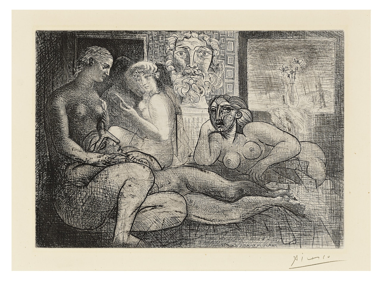 Quatre femmes nues et tête sculptée, from La Suite Vollard by Pablo Picasso