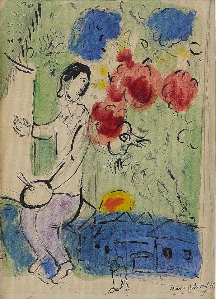 Artiste au­ dessus du village (Le Peintre au chevalet et au coq rouge) by Marc Chagall