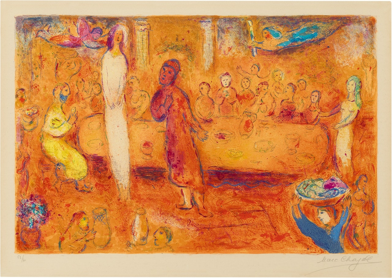 MEGACLES RECOGNIZES HIS DAUGHTER AT THE FEAST (M. 347; SEE C. BKS. 46) by Marc Chagall