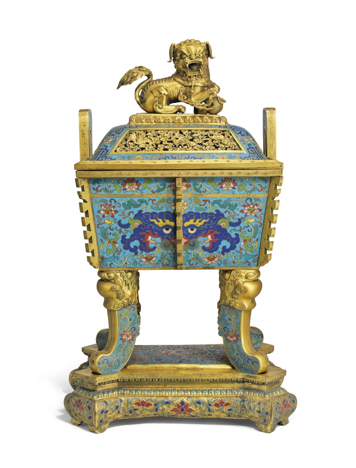 A SUPERB IMPERIAL CLOSIONNE ENAMEL ‘TAOTIE’ FANGDING-FORM CENSER AND COVER, AND A CHAMPLEVE STAND by Anonymous