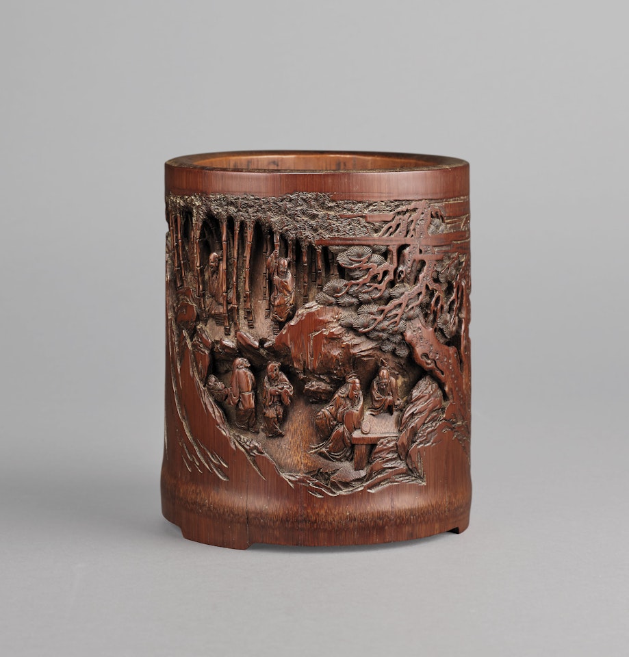 A RETICULATED BAMBOO 'SEVEN SAGES' BRUSH POT by Anonymous