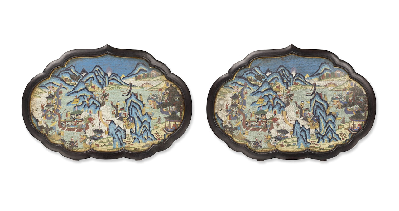 A VERY RARE PAIR OF CLOISONNE ENAMEL 'DRAGON BOAT FESTIVAL' RUYI-FORM PLAQUES by Anonymous
