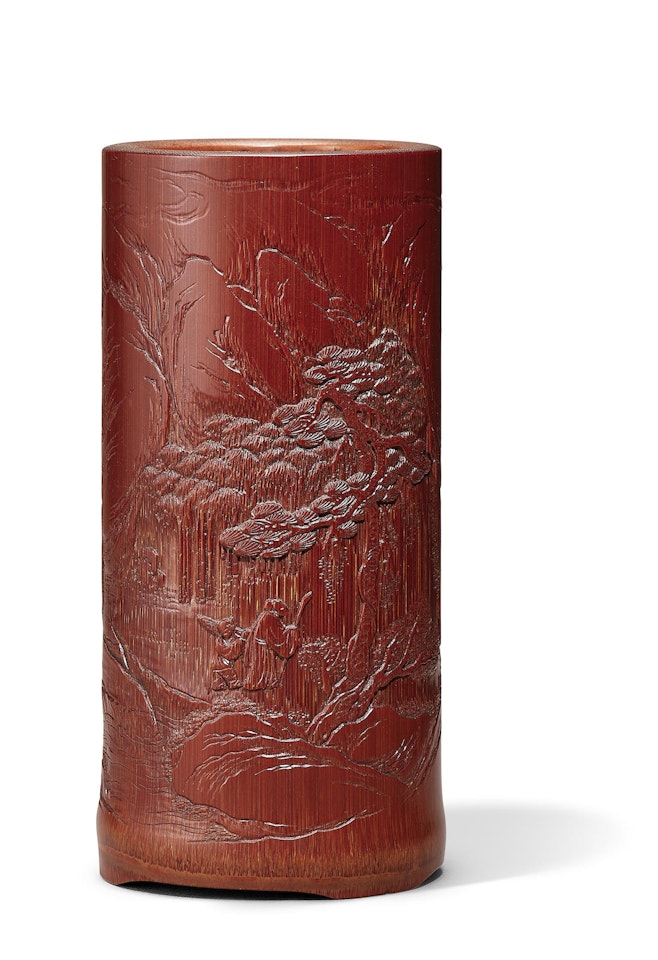 A carved 'scholar and attendant' bamboo brushpot, bitong by Anonymous