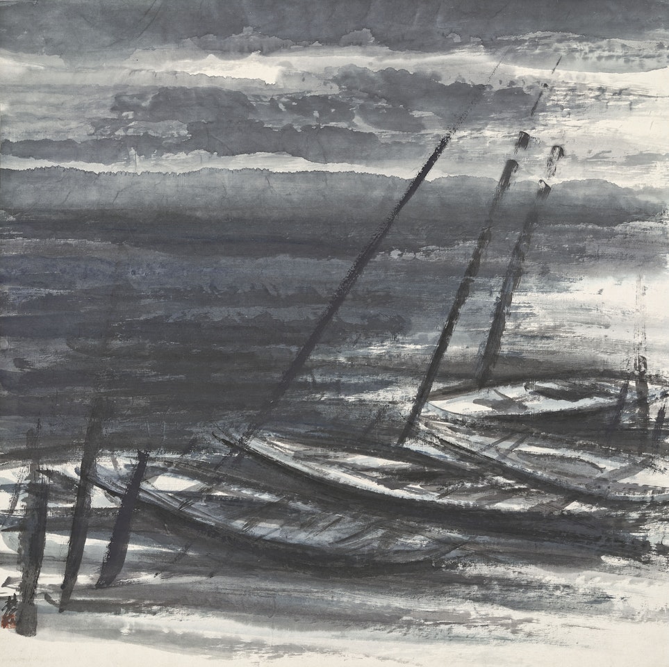 Boats Moored on a Riverbank by Lin Fengmian