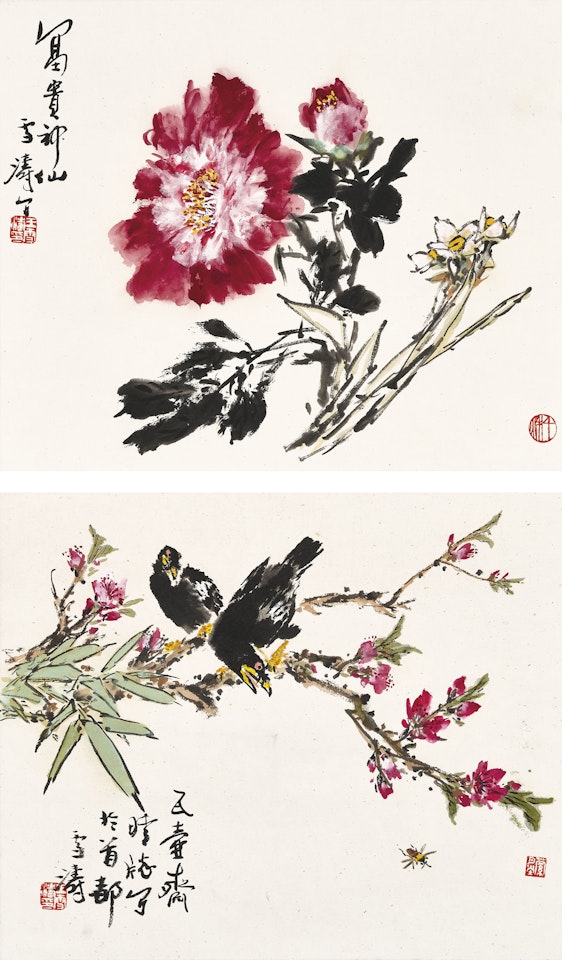 Peony and Narcissus/Peach Blossoms and Birds by Wang Xuetao
