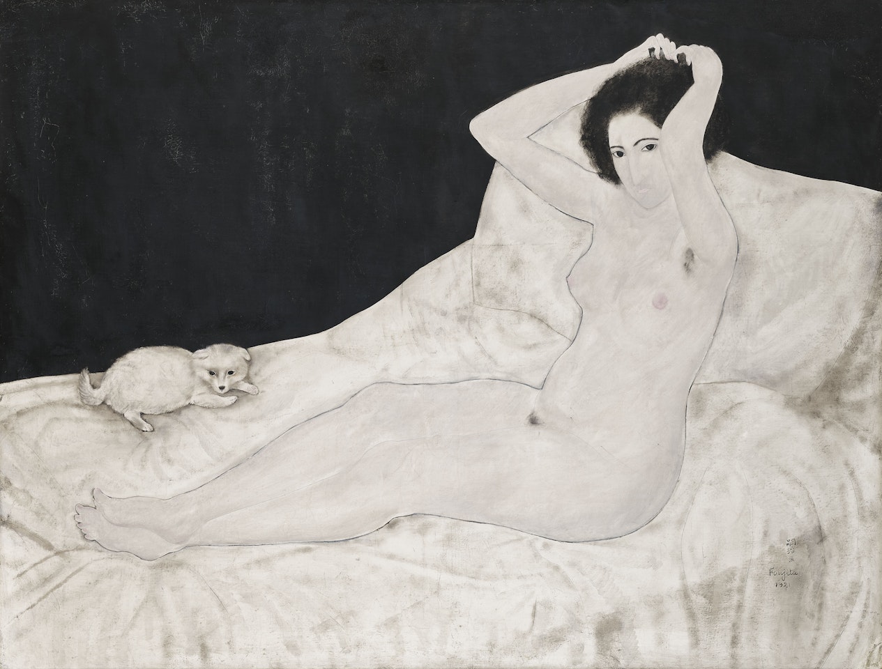 Nu sur un lit, avec un chien
(Reclining Nude with A Small Dog) by Leonard Tsuguharu Foujita