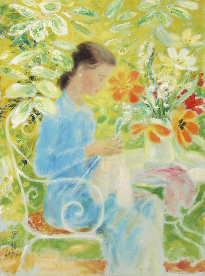 Woman Knitting in a Garden by Le Pho