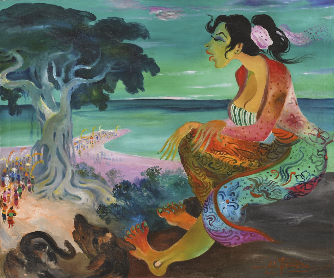 A Lady Overlooking a Procession by the Beach by Hendra Gunawan
