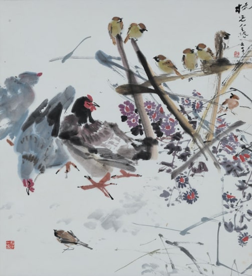 Chickens and Sparrows Amongst Flowers by Chen Wen Hsi