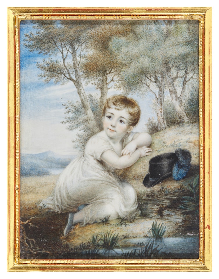 Portrait of a child within a landscape by English School