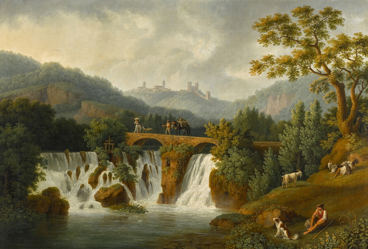 A capriccio view of the Canneto river valley at Cava de' Tirreni near Vietri with figures crossing a bridge over waterfalls by Jacob Philipp Hackert