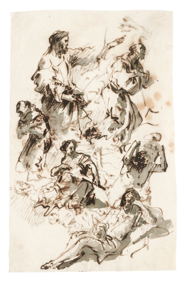 Studies of Christ preaching, two monks in adoration, a young woman with a mandolin, a man carrying a load on his shoulders and a reclining figure (recto); Studies of Christ and other figures (verso) by Giovanni Domenico Tiepolo