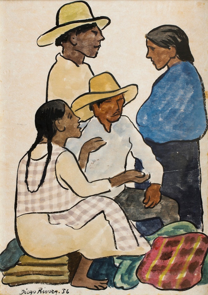 Grupo en el mercado: dos hombres y dos mujeres by Diego Rivera
