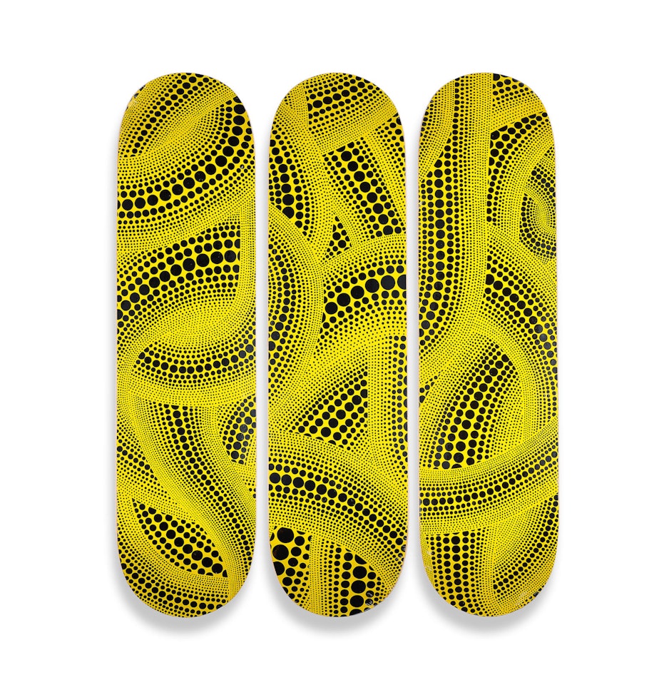 Yellow Trees Skateboard (Triptych) by Yayoi Kusama
