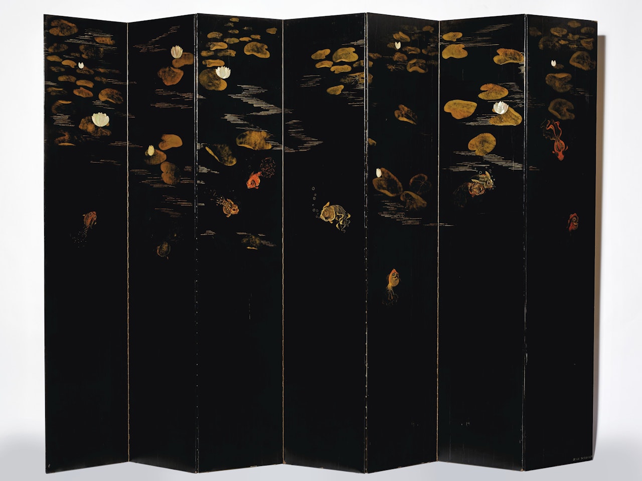 ‘FLAMANTS ROSES ET NÉNUPHARS’ AND ‘POISSONS ET NÉNUPHARS’, DOUBLE-SIDED SEVEN-PANEL SCREEN by Jean Dunand