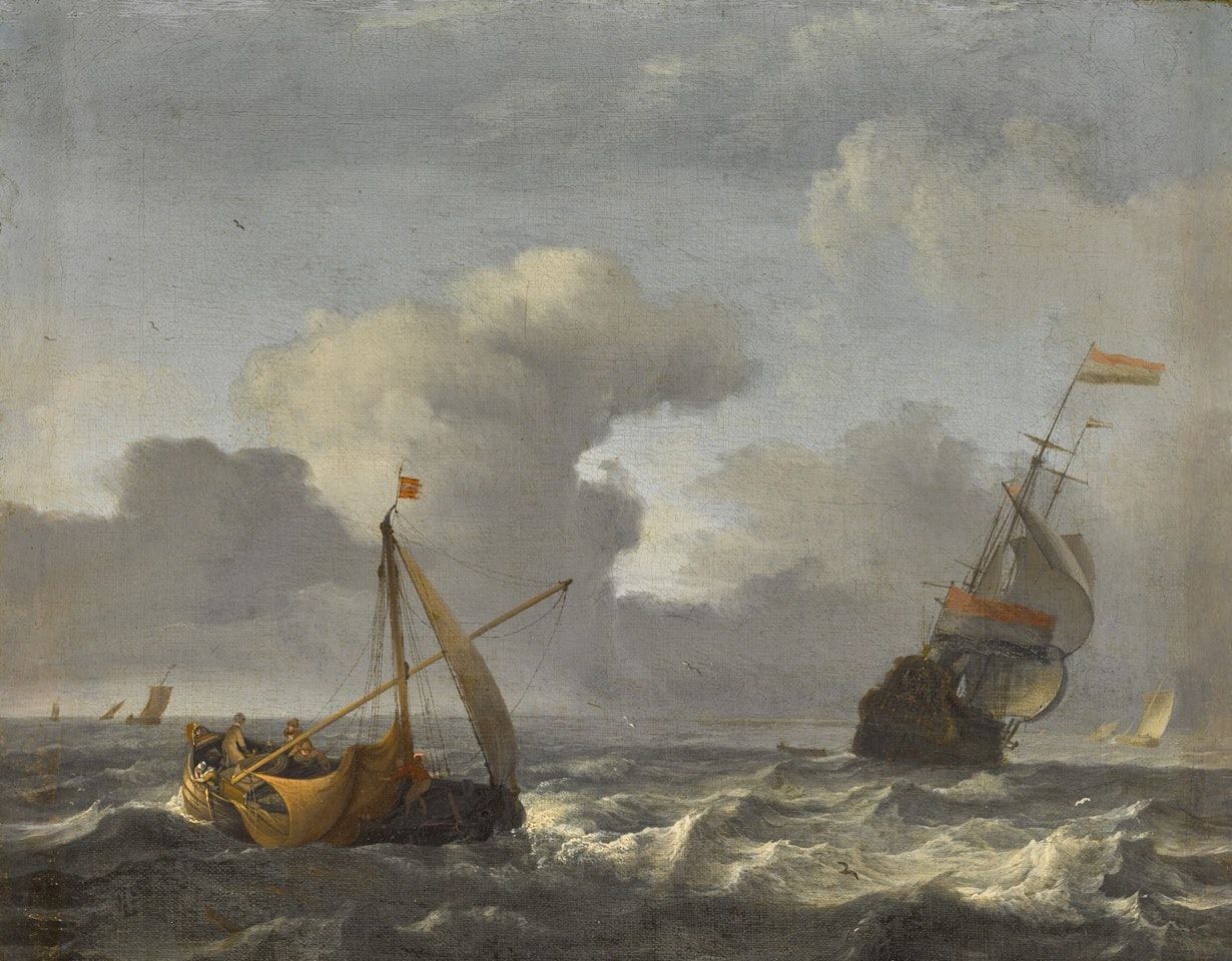 A sailing boat and man-o'-war in choppy waters by Ludolf Backhuysen