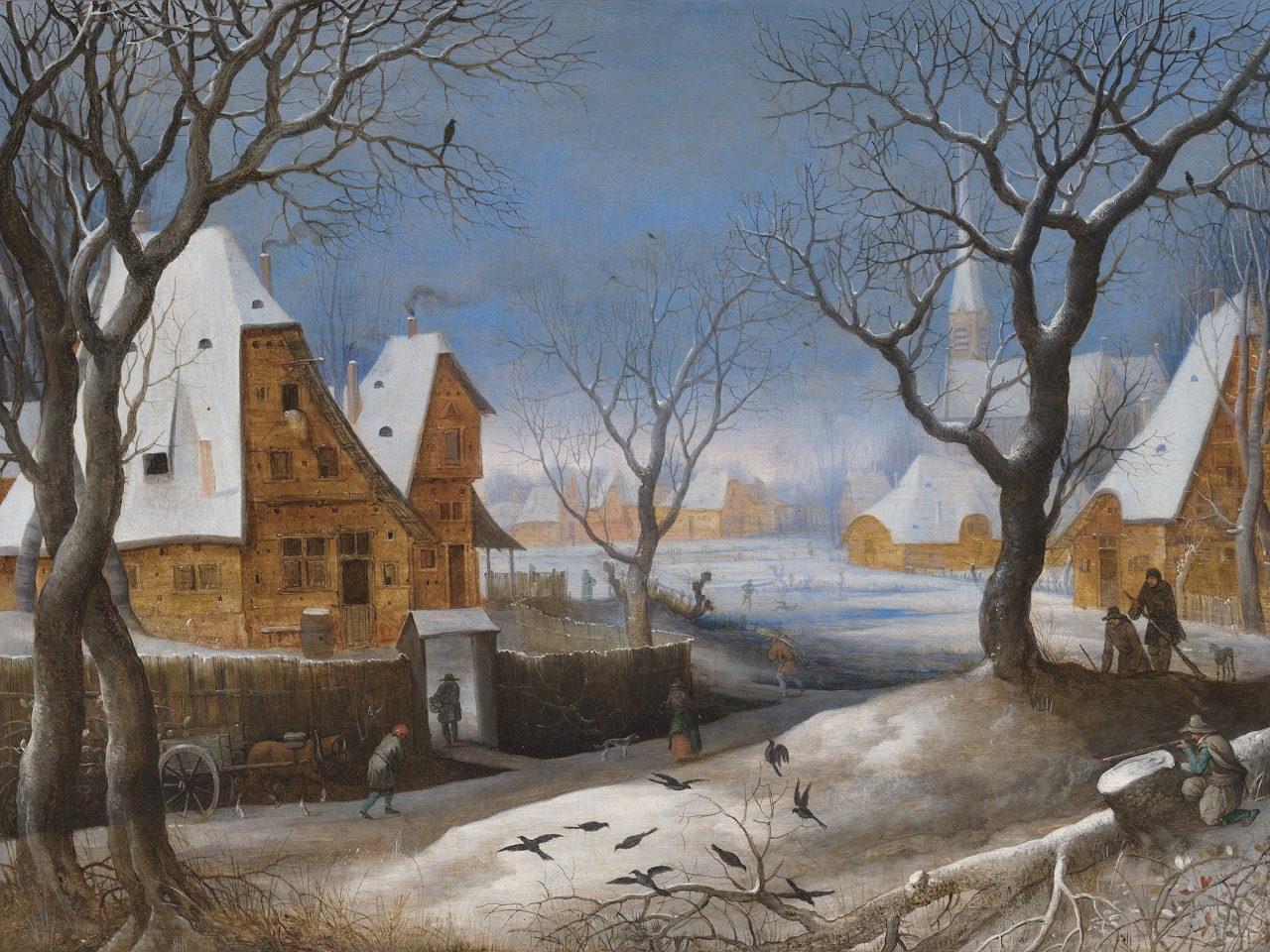 A winter landscape, with figures in a village by Adriaen van Stalbemt