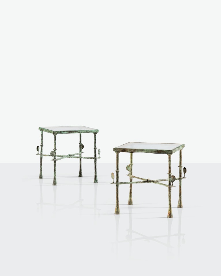 A pair of Au ruban et aux arbustes side tables by Diego Giacometti