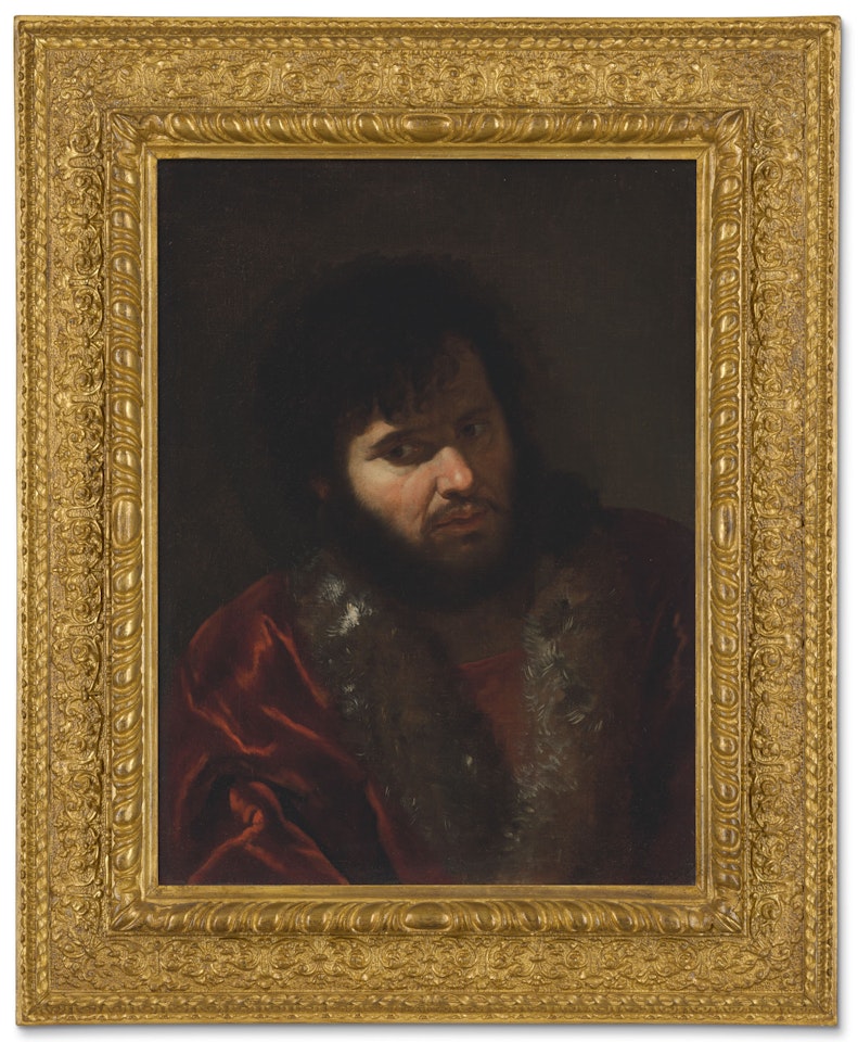 Portrait of a man, bust-length, in a fur-lined, red velvet coat by Venetian School