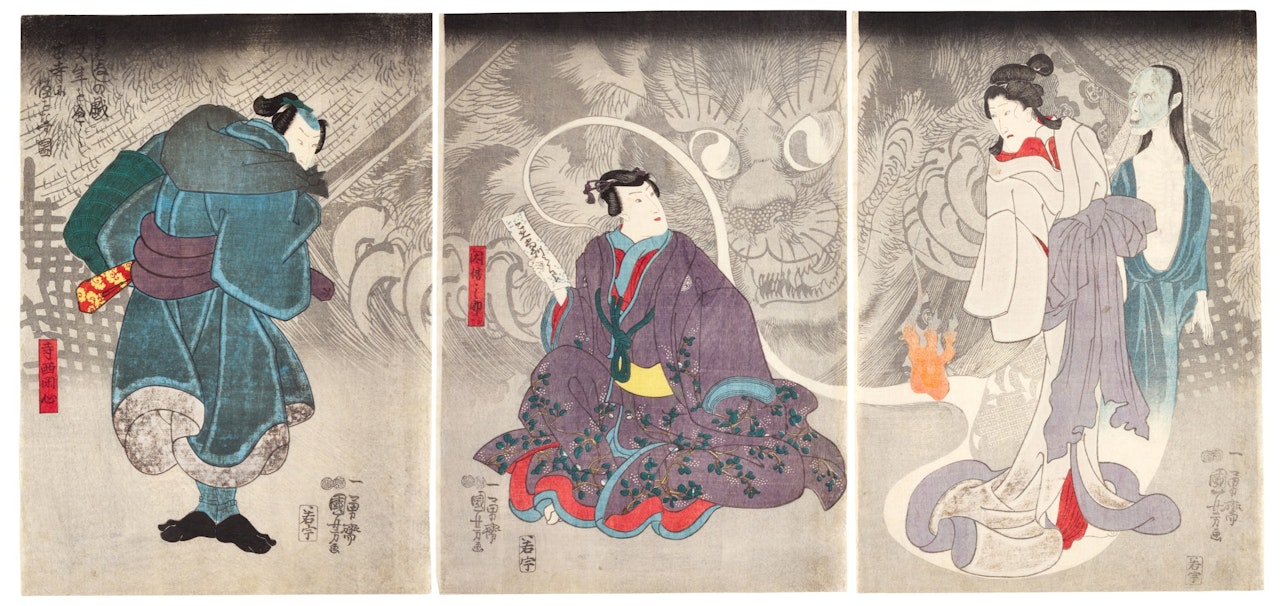 THE FRIGHTENING TALE OF THE GIANT CAT GHOST AT AN OLD TEMPLE (MUKASHIBANASHI NO GI NEKOMATA TOSHI O HETE FURUDERA NI KAI O NASU) by Utagawa Kuniyoshi