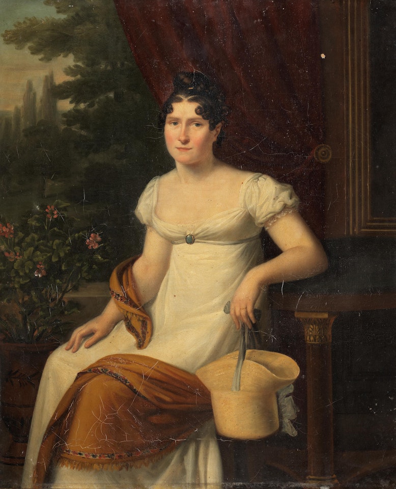 Portrait of a lady, said to be Madame Anne Jean De La Guillaumie, three-quarter-length, seated before a park landscape by Firmin Massot