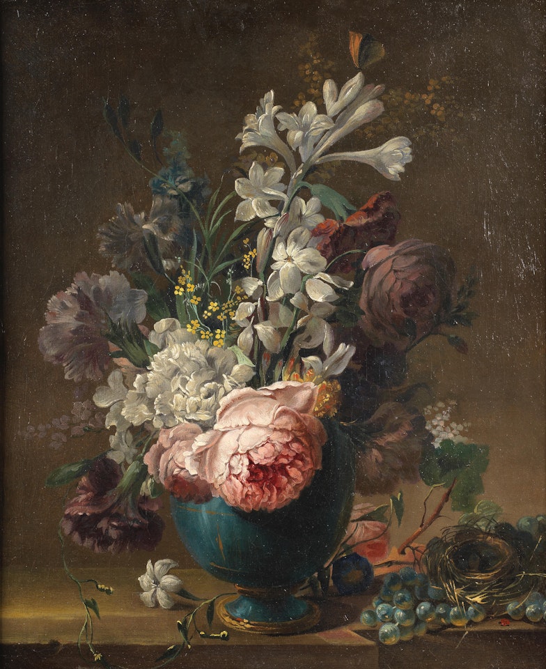 Roses, chrysanthemums and other flowers in a blue gilt-bronze mounted vase beside a bird's nest on a stone ledge; and Roses, poppies, delphiniums and other flowers in a blue and white vase by French School