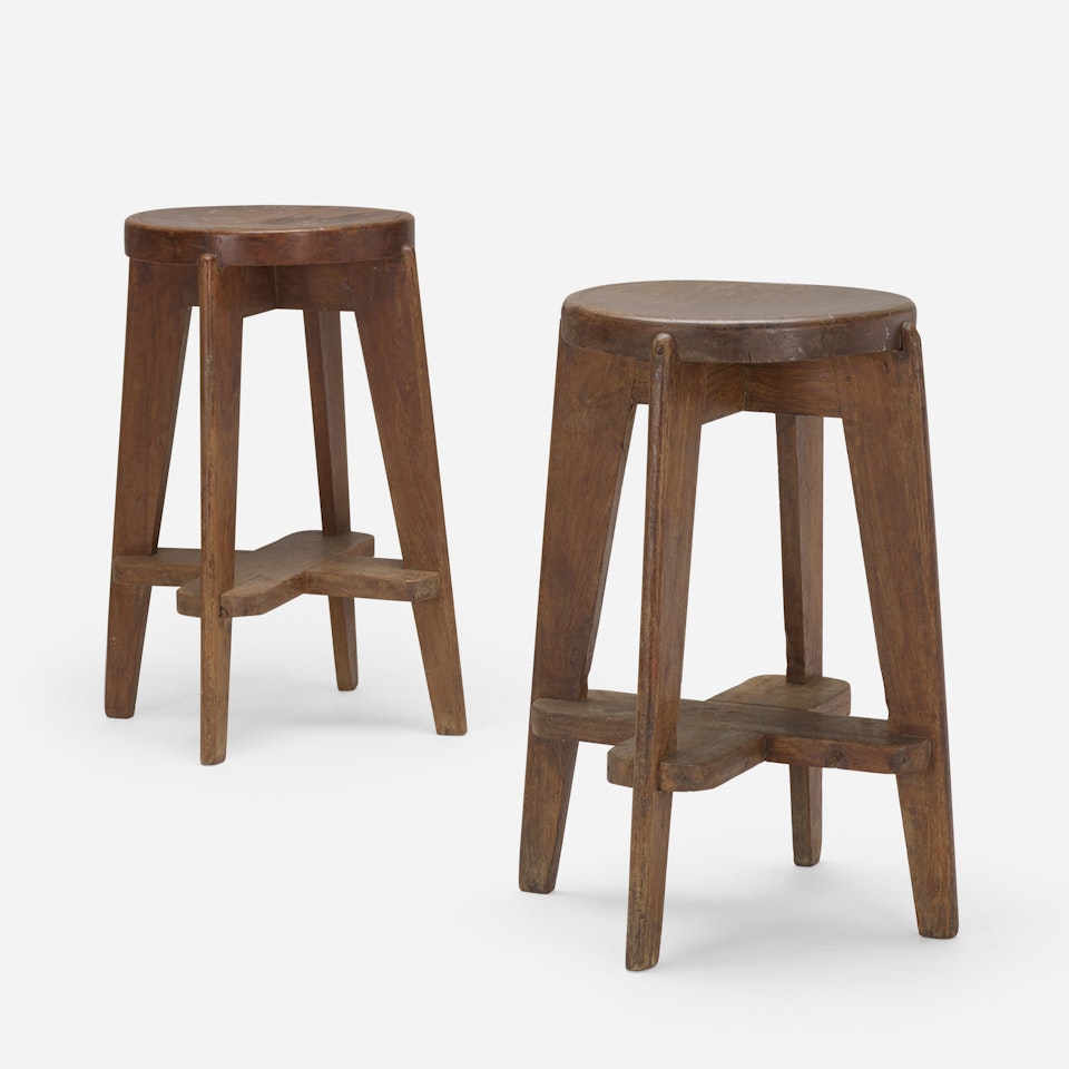stools from Punjab University, Chandigarh, pair by Pierre Jeanneret