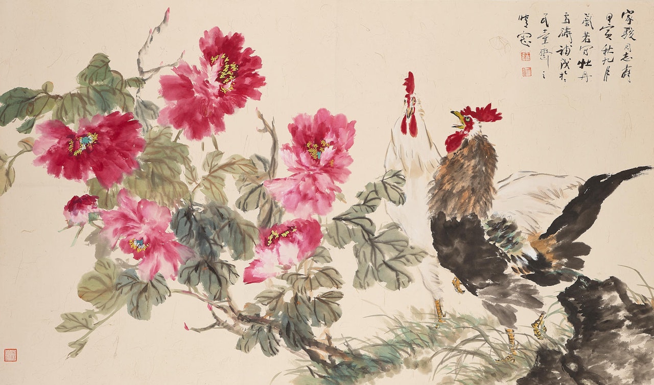 Peonies and Roosters by Wang Xuetao