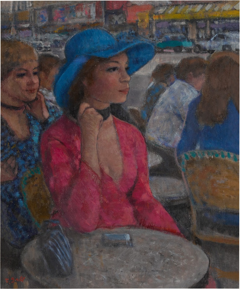 Elizabeth-Anne en rouge à la capeline bleue, Brasserie face au Moulin Rouge by François Gall