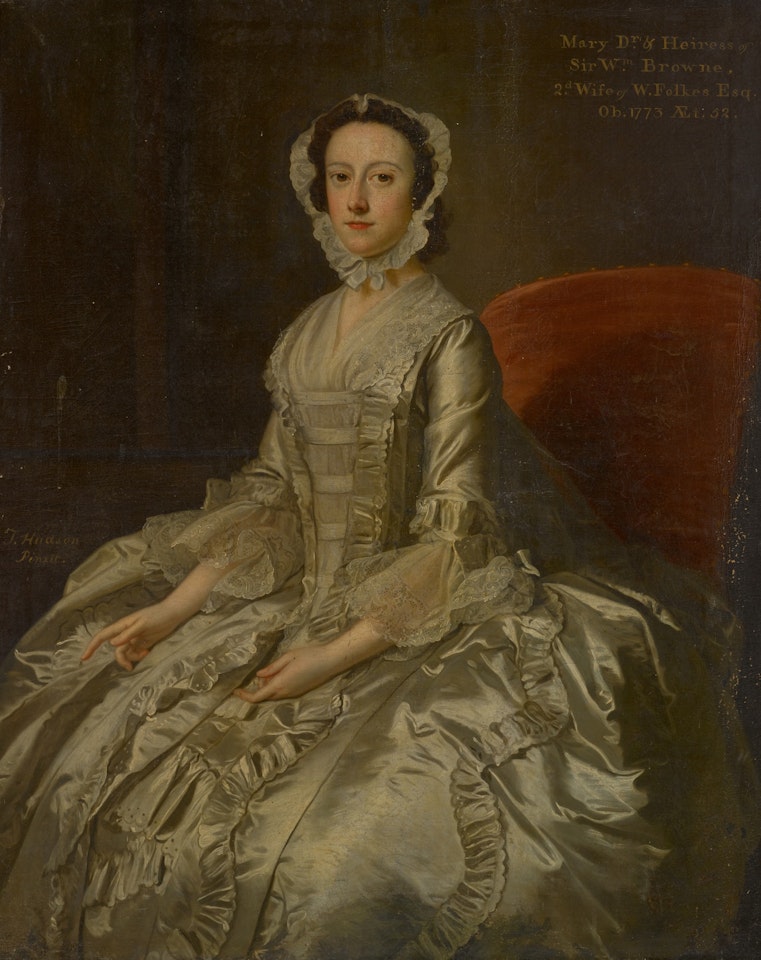 PORTRAIT OF MARY FFOLKES, NÉE BROWNE (1721-73), THREE-QUARTER-LENGTH, SEATED WEARING A WHITE SATIN DRESS by Thomas Hudson