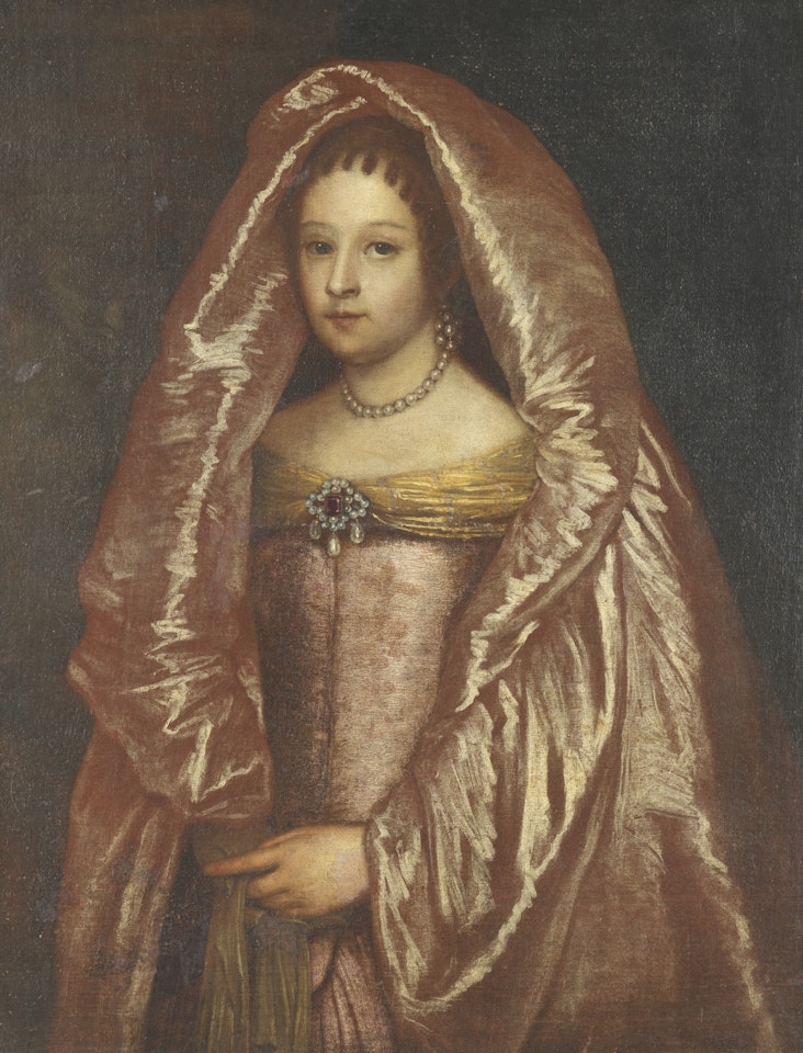 Portrait of a lady, three-quarter-length, in a pink silk dress and cloak by Venetian School