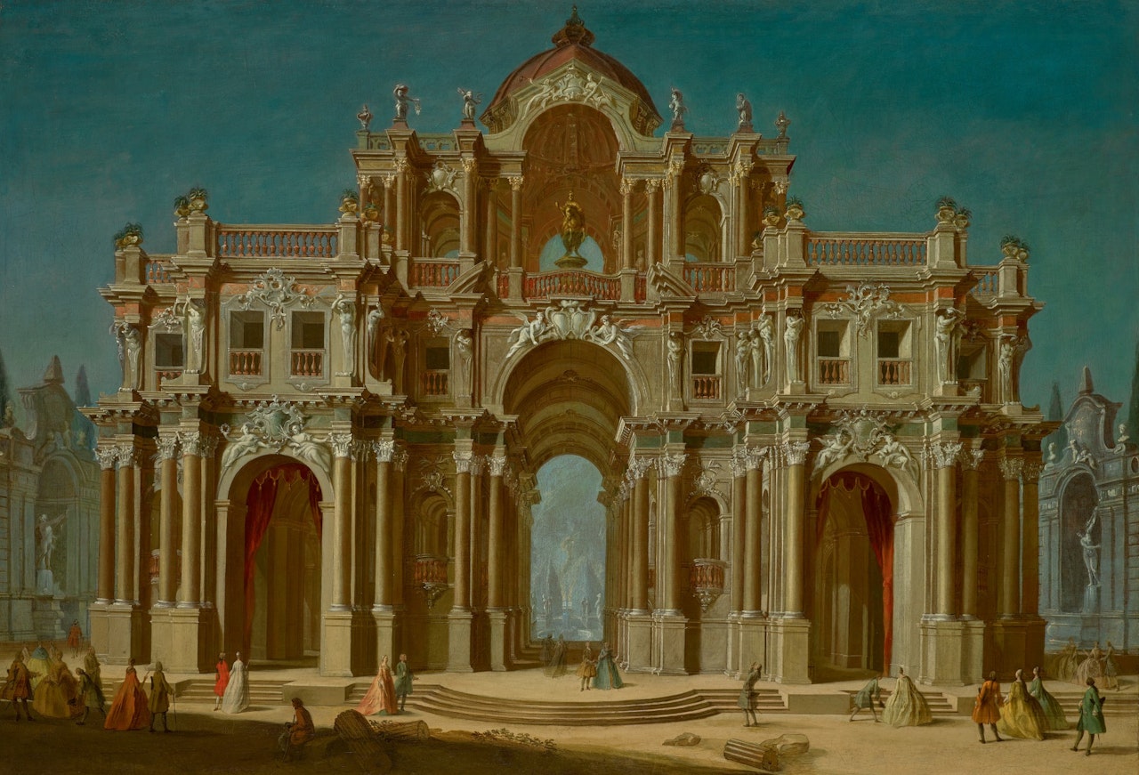 ARCHITECTURAL CAPRICCIO, WITH ELEGANT FIGURES PROMENADING BEFORE A VIEW OF AN IMAGINARY PALACE by Venetian School