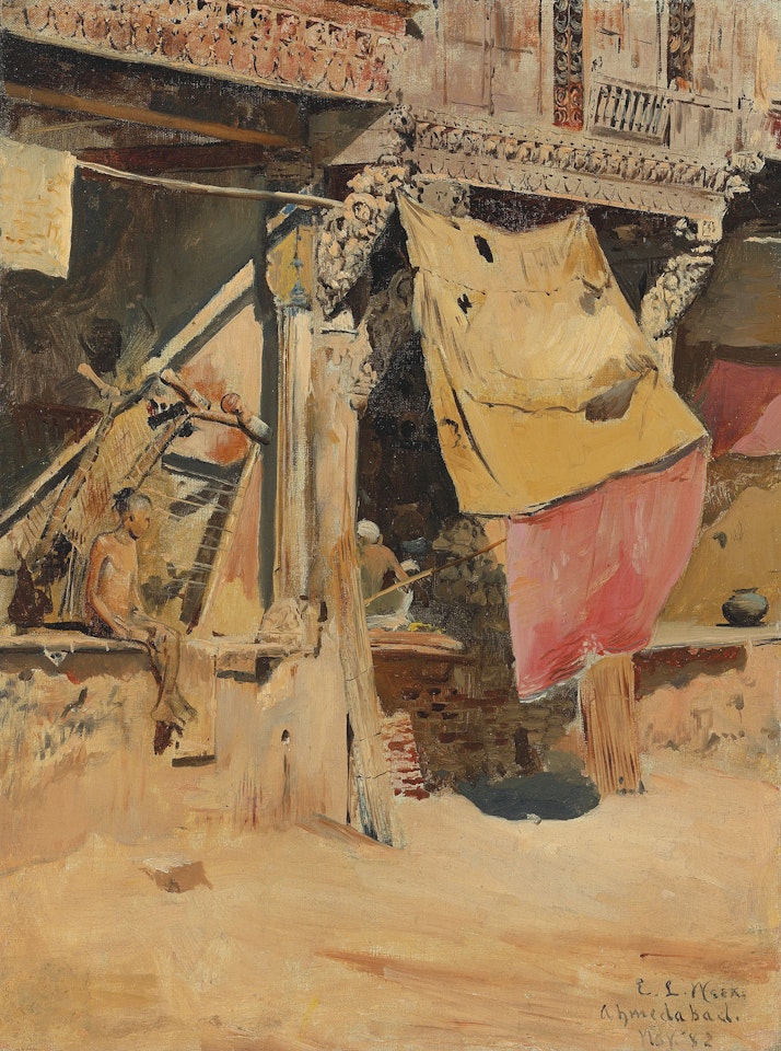 Old shops and carved woodwork - Ahmedabad, India by Edwin Lord Weeks